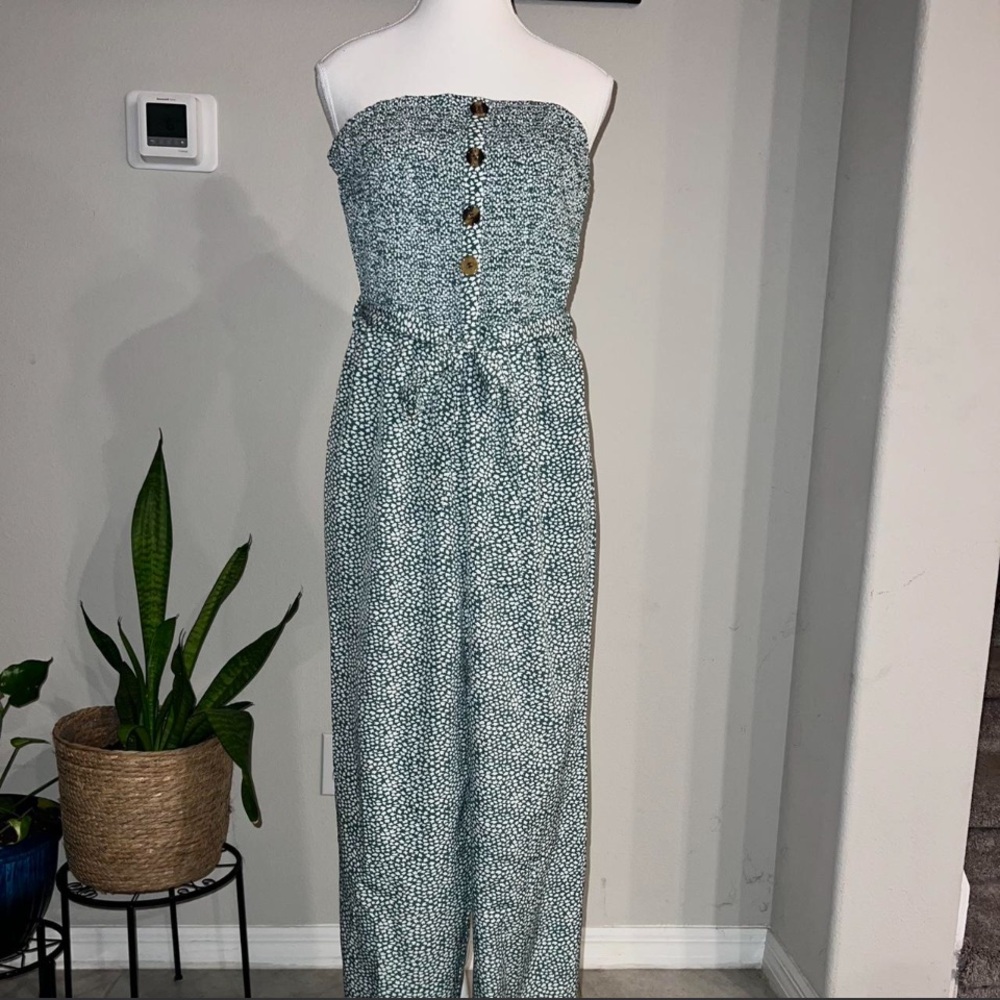 Green and white tie-front jumpsuit, removable tie belt, strapless